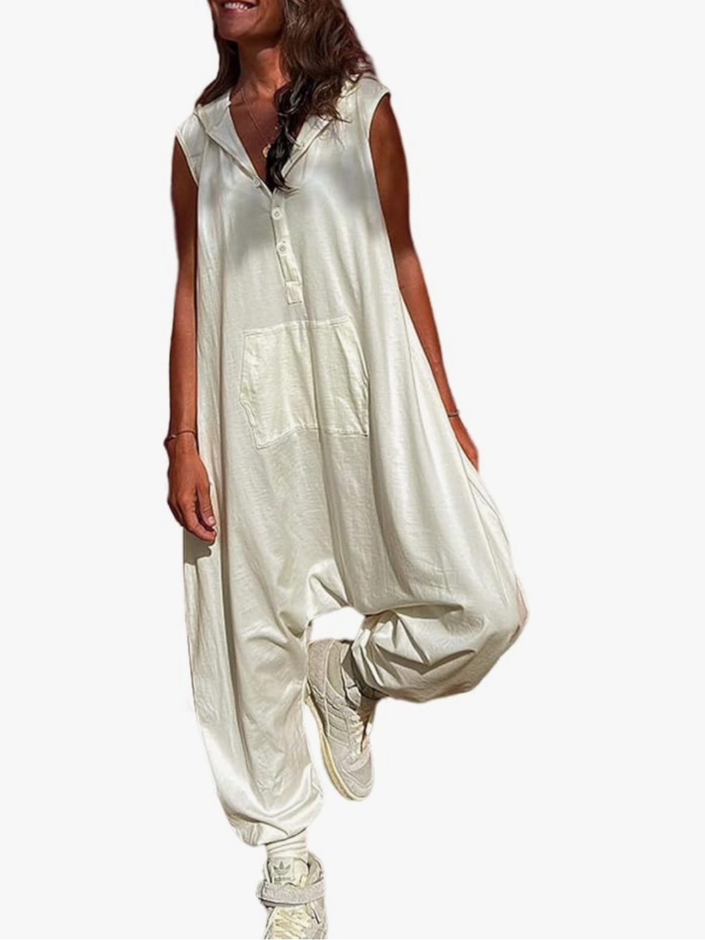 Sleeveless Hooded Harem Jumpsuit in White.  Silky/satin-y fabric.